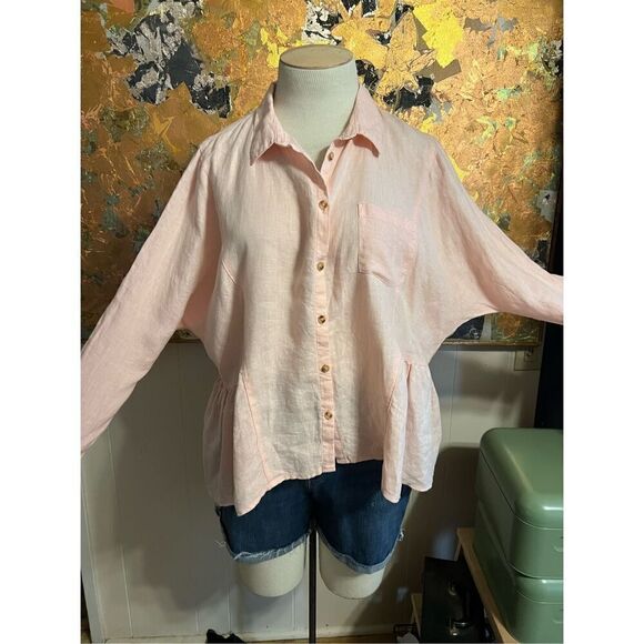 Anthropologie Holding Horses Linen McKenzie Pink Peplum Button Down Shirt oversi - Picture 3 of 12